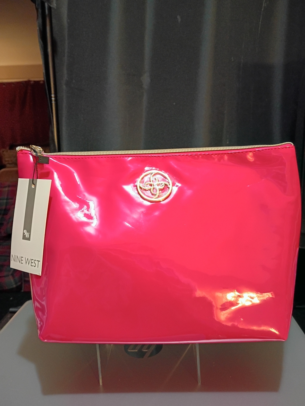 Nine West Bright Pink Patent Cosmetic Bag with Gold Accent
